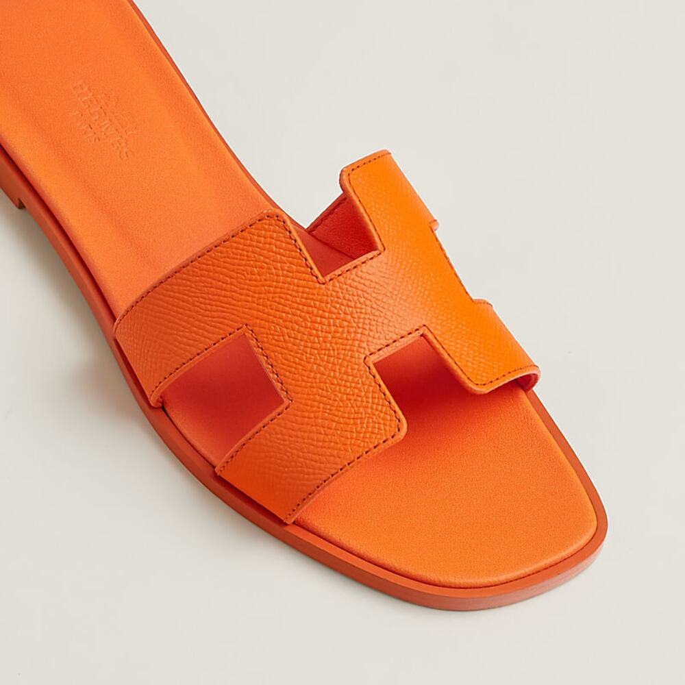 Hermès Oran Sandals Orange Epsom Leather Slides 38.5 Very Good with dust bags